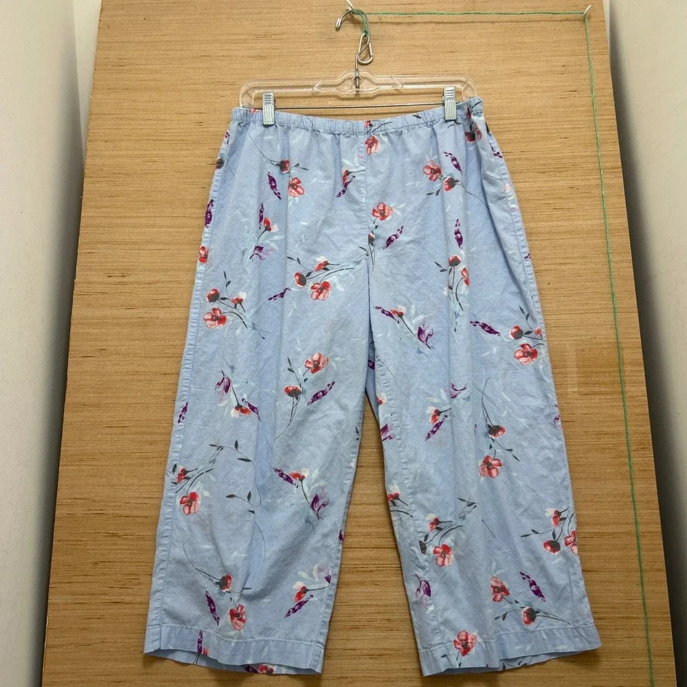 Lauren Ralph Lauren Blue Floral Pajama Set 3/4 Sleeve Button Top Crop Pants L